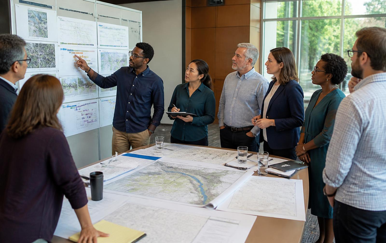 Public agency and nonprofit leaders reviewing implementation plans and community maps in a planning session